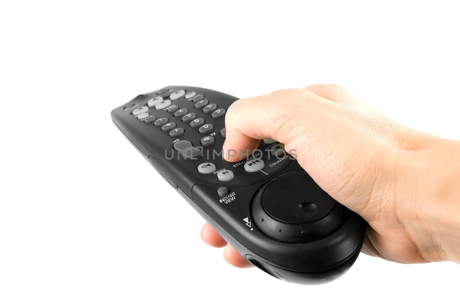 Isolated hand holding remote control. White background