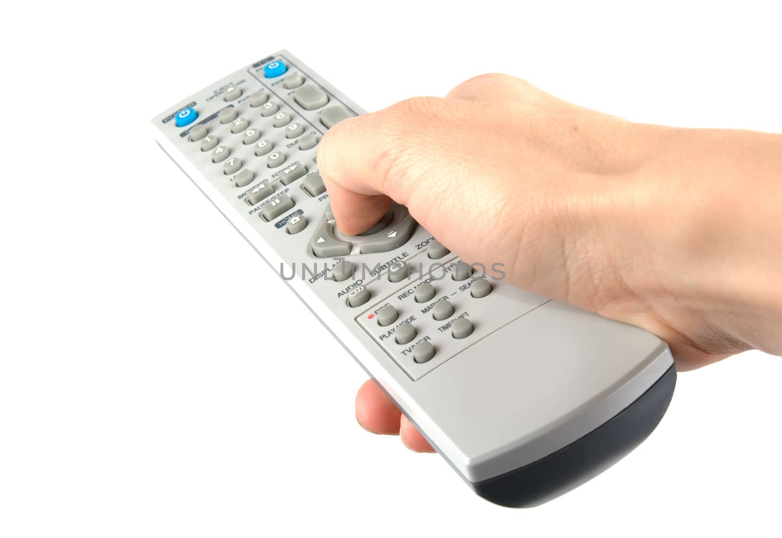 Isolated hand holding remote control. White background