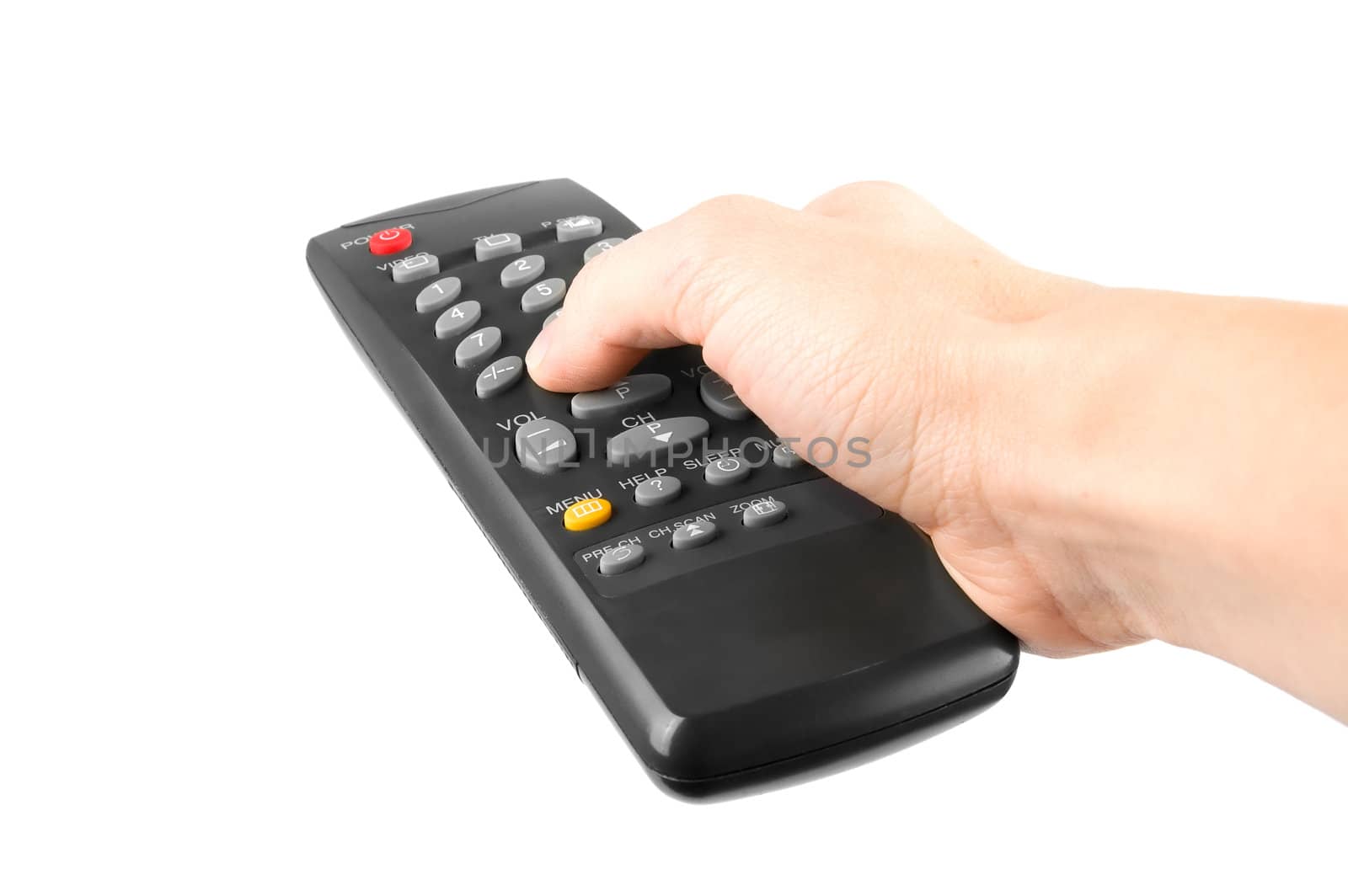 Isolated hand holding remote control. White background