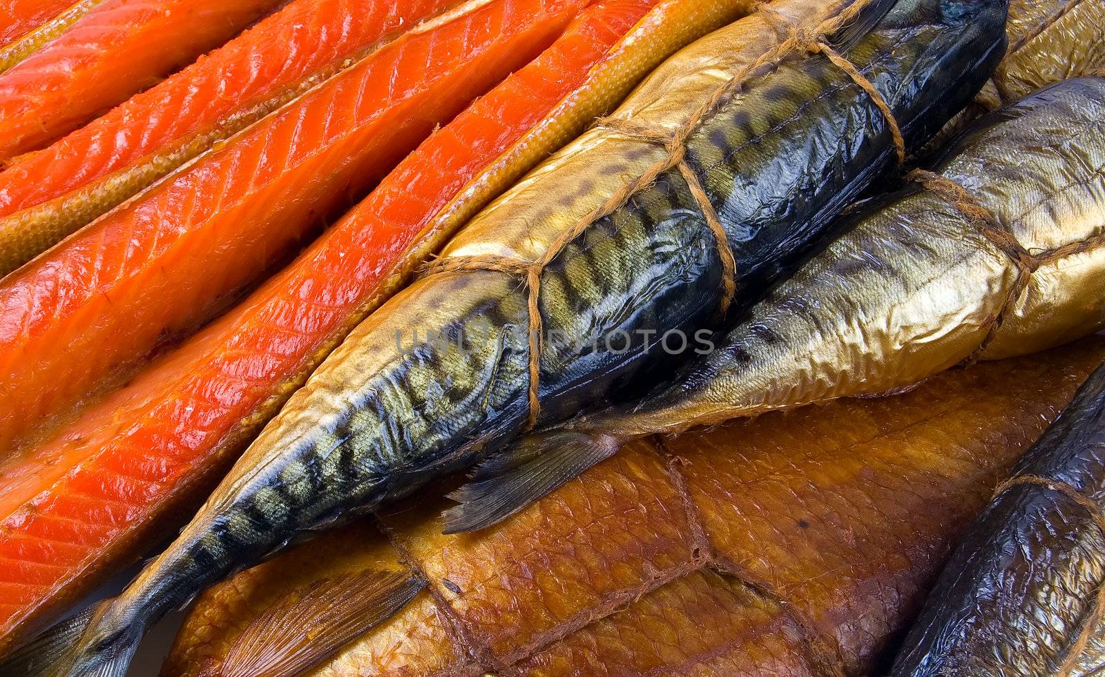 Set of smoked fish. Fish background.