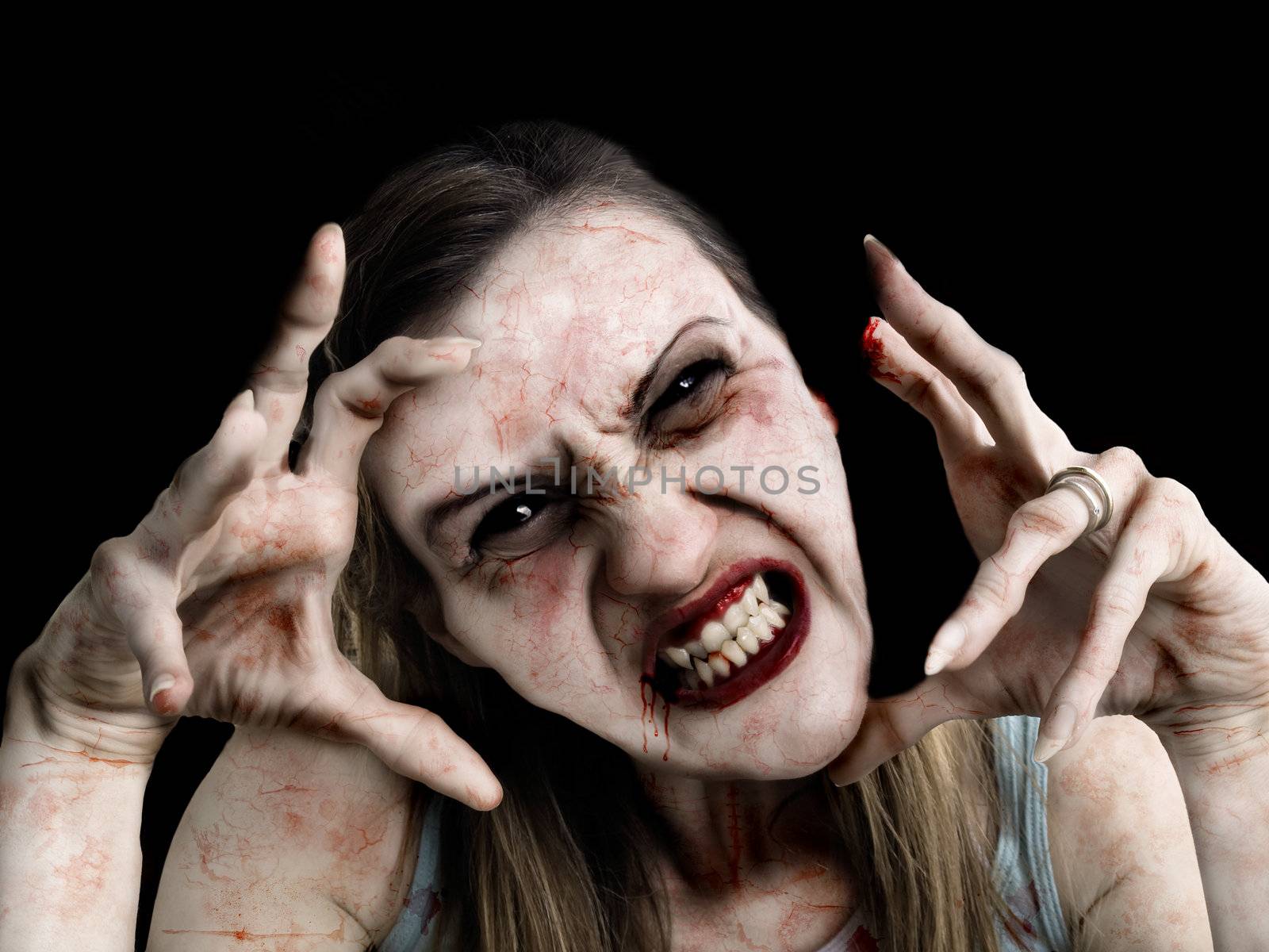 Portrait photo of a scary undead or zombie female human        