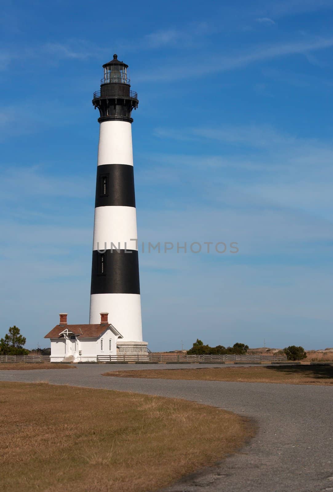 bodie island light house panorama on blue sky