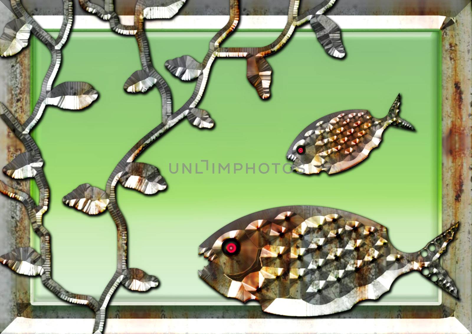 abstract creative symbolic image of decorative aquarium with metal predators