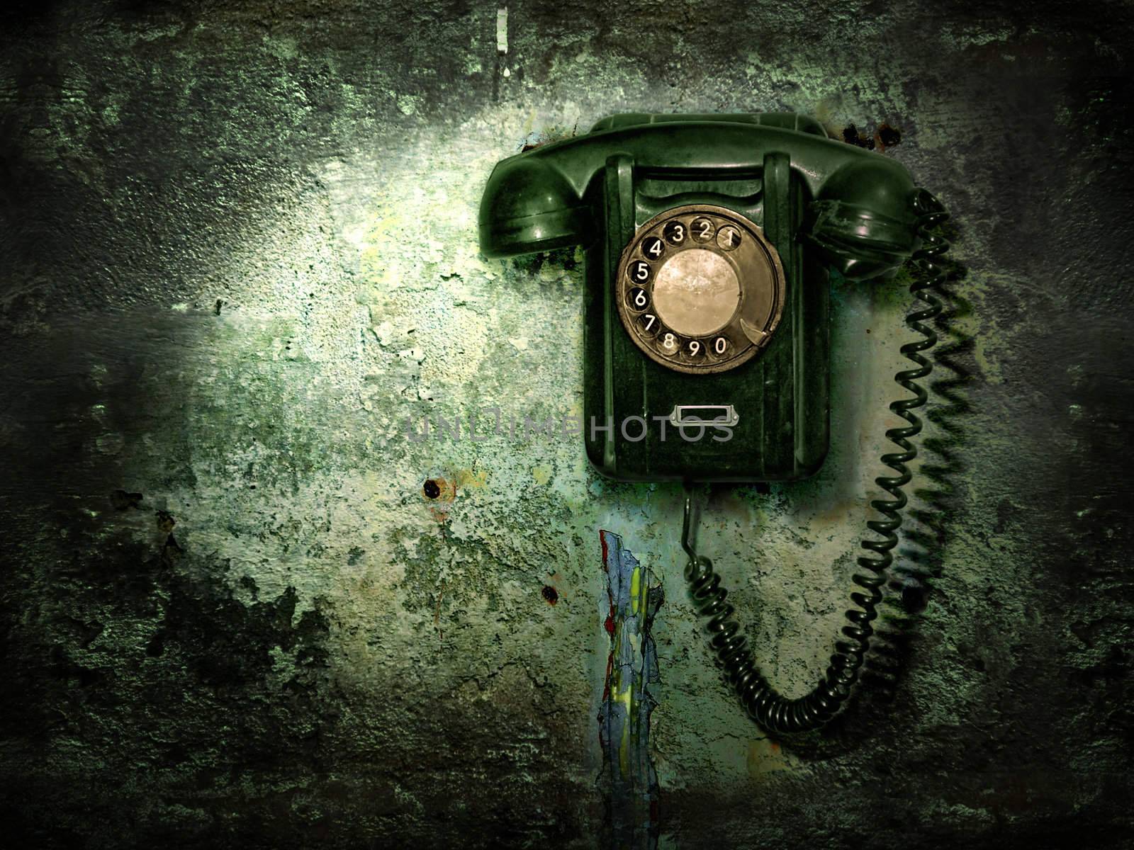 Old phone on the destroyed wall by zeffss