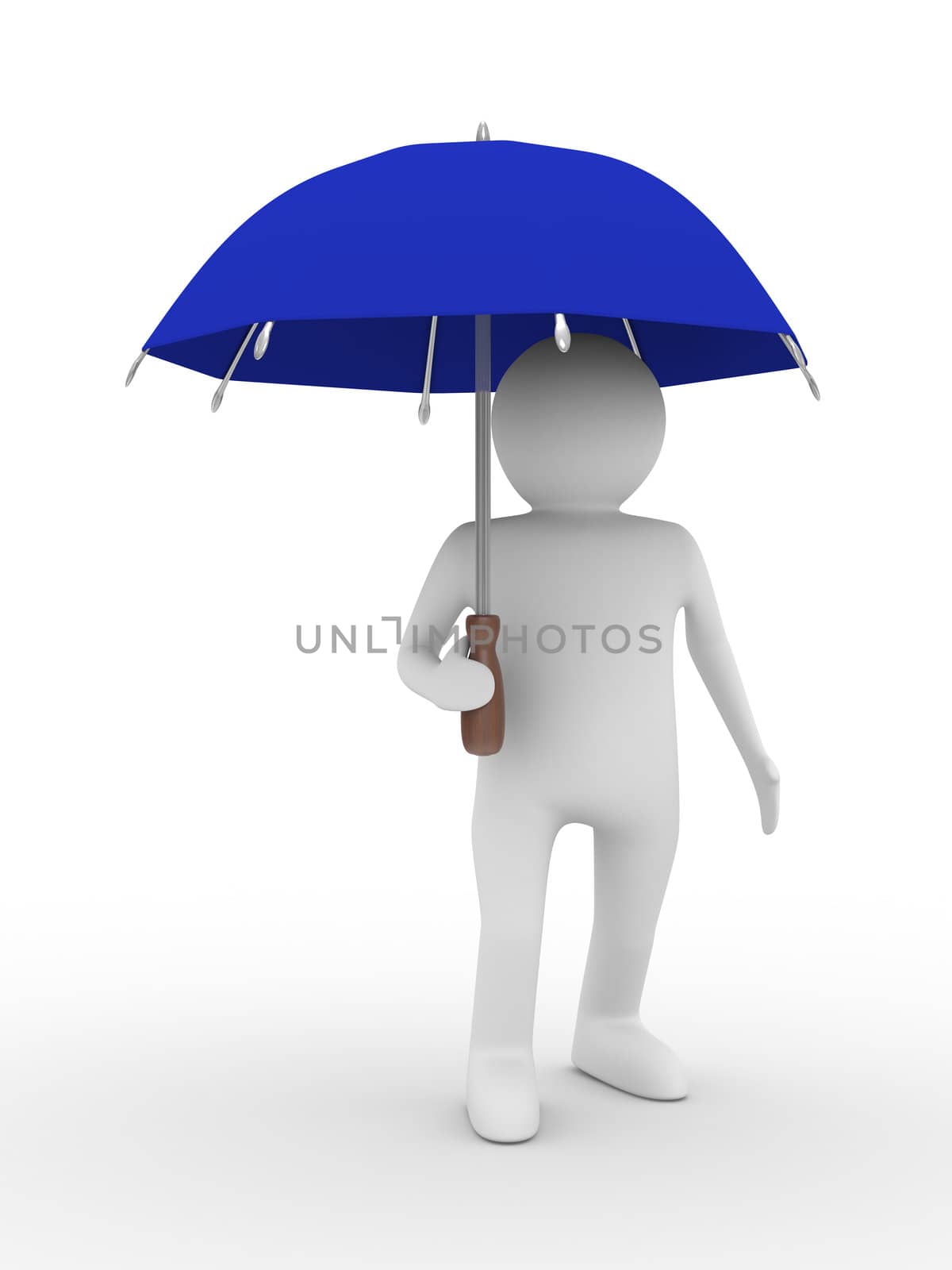 man with blue umbrella on white background. Isolated 3D image