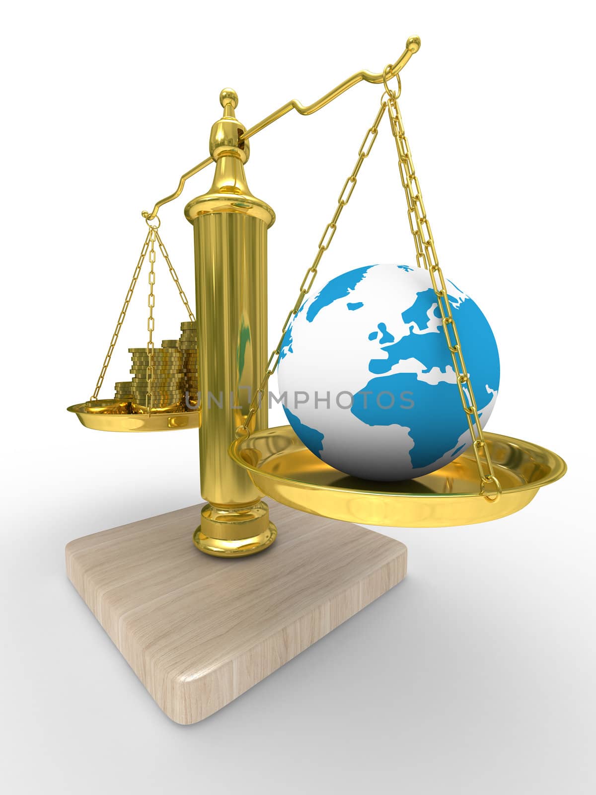 Cashes and the globe on scales. Isolated 3D image