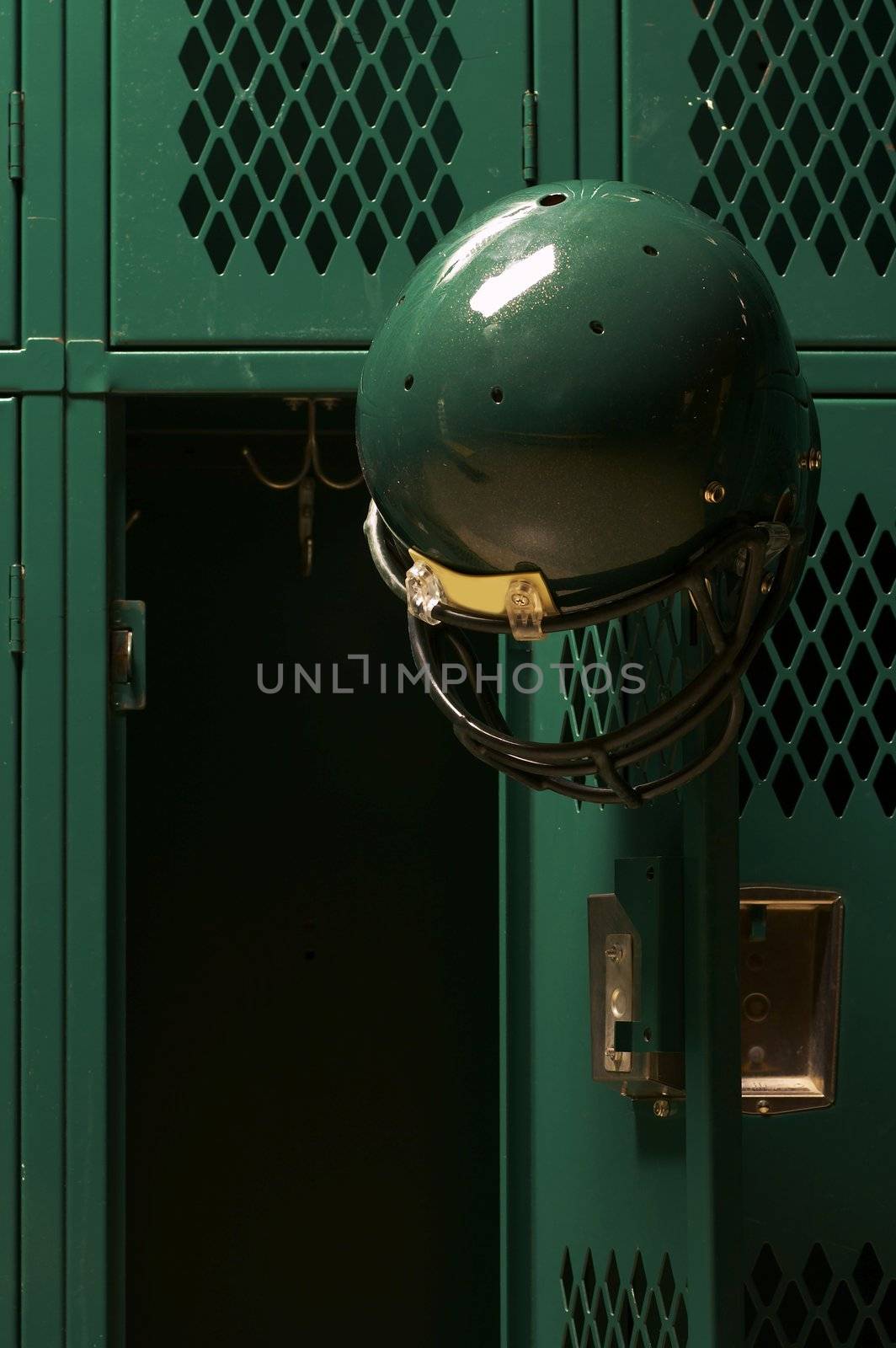 a football helmet in locker room