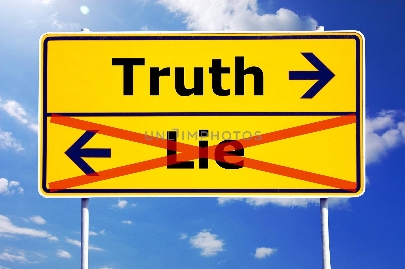 truth or lie concept with yellow road sign