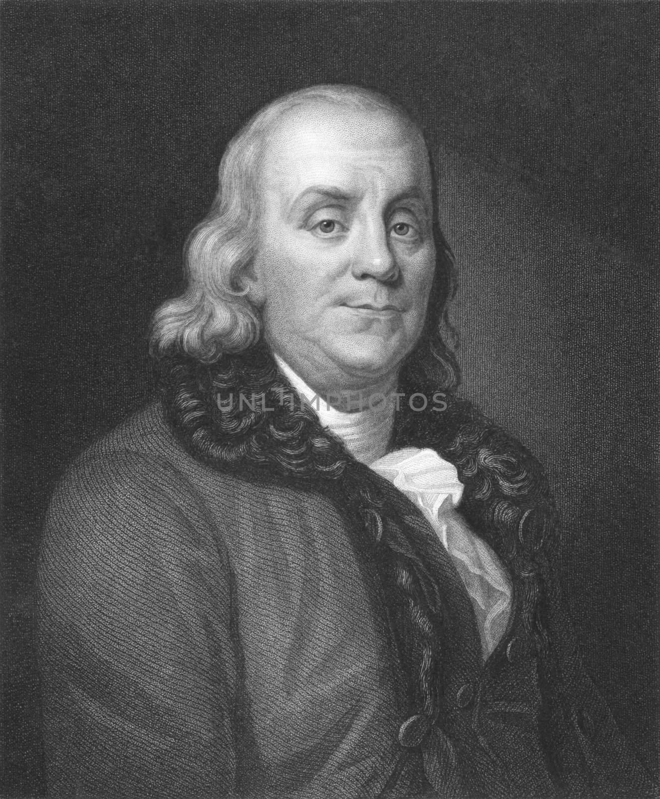 Benjamin Franklin on engraving from the 1850s. One of the founders of the United States of America.