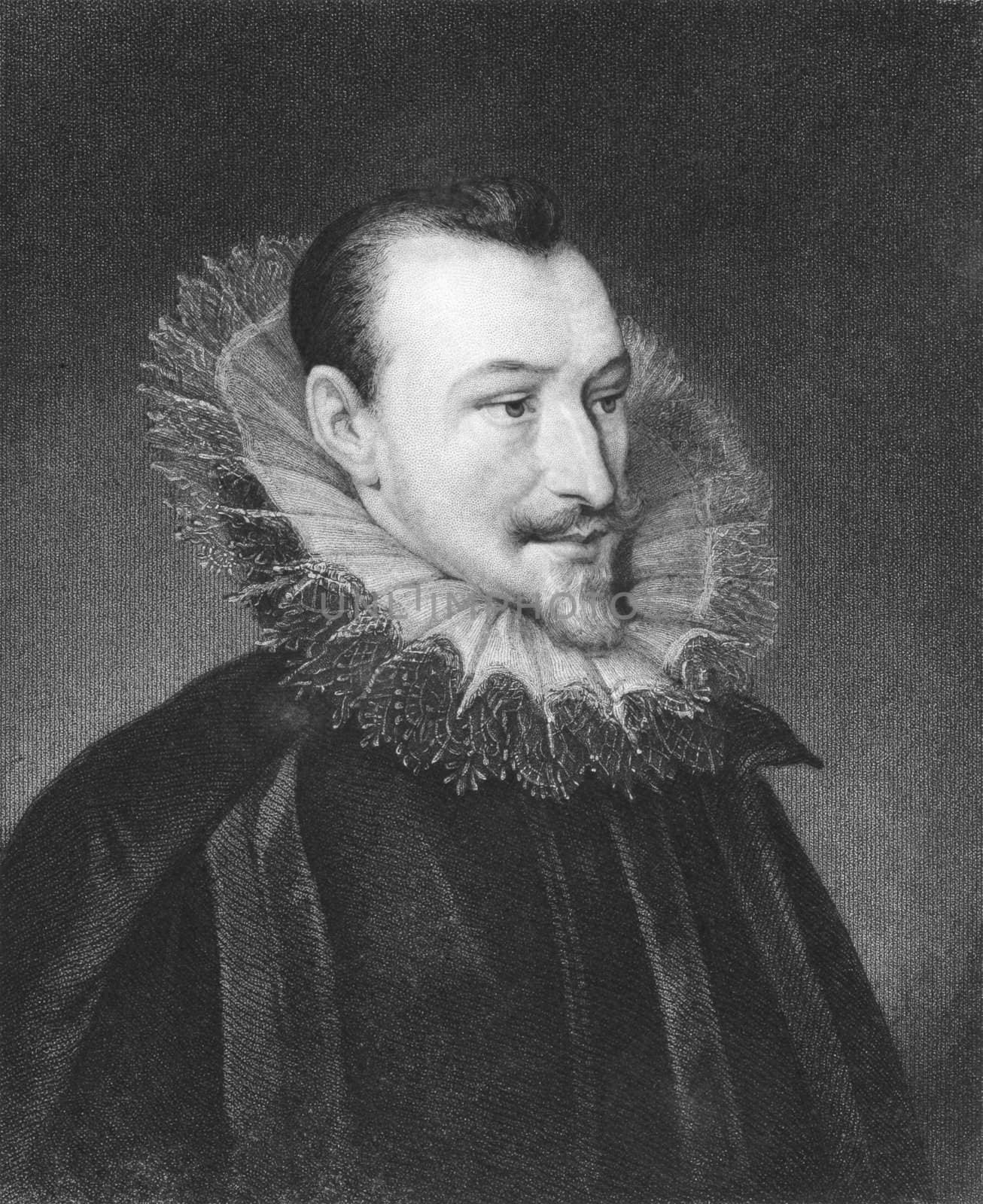 Edmund Spenser on engraving from the 1850s. 16th century english poet.