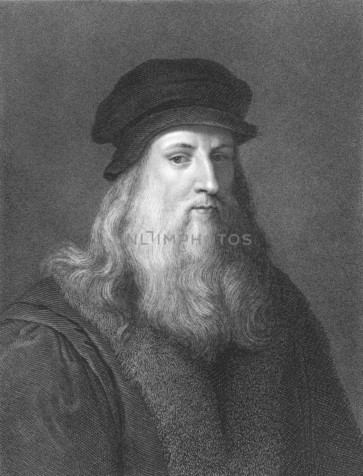 Leonardo Da Vinci on engraving from the 1850s. Italian polymath, scientist, inventor, painter, mathematician, engineer, anatomist, sculptor, architect, botanist, musician and writer. Widely considered to be one of the greatest painters of all time and perhaps the most diversely talented person ever to have lived.