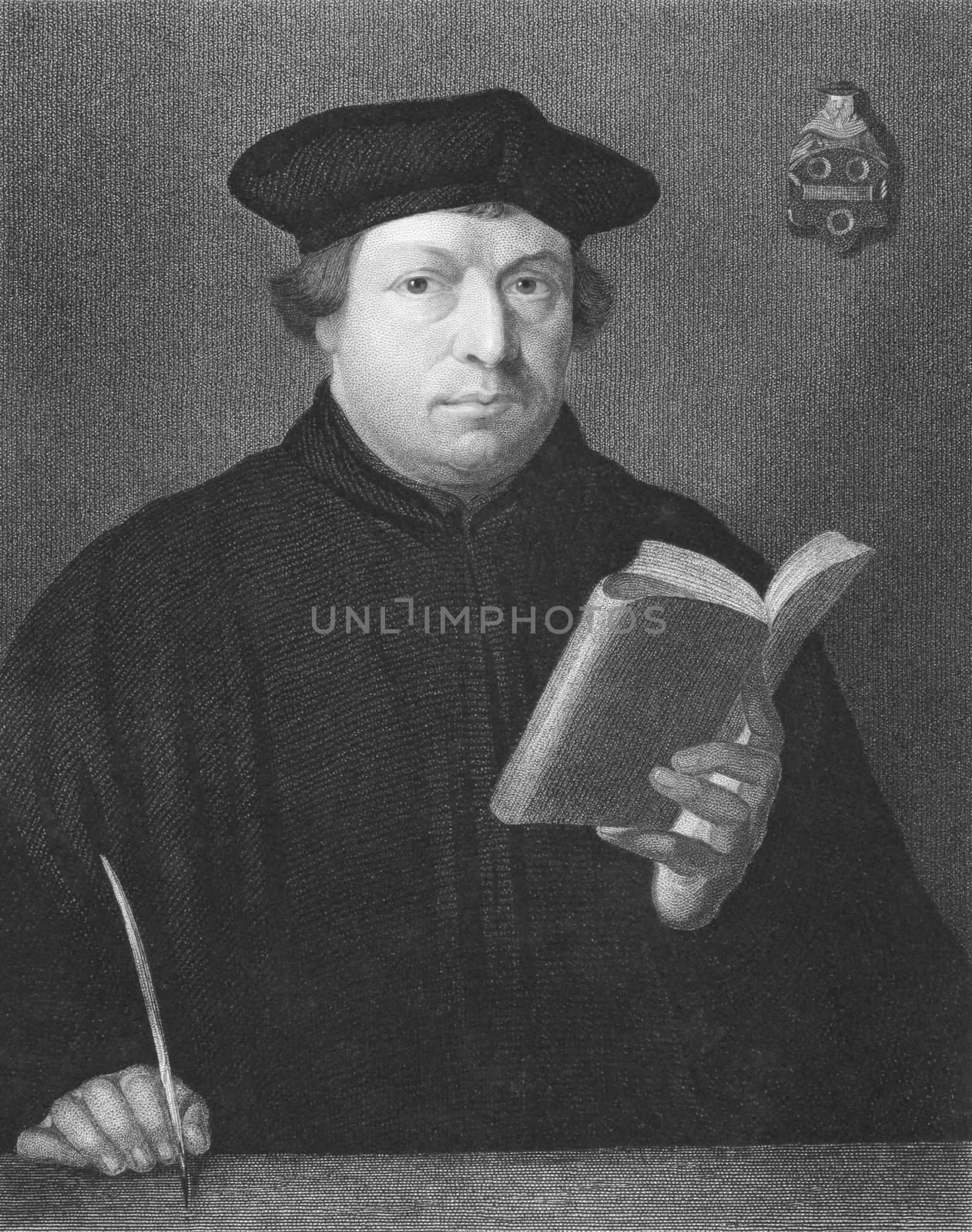 Martin Luther on engraving from the 1850s. Priest and theology professor. Leader of the great religious revolt of the 16th century in Germany.