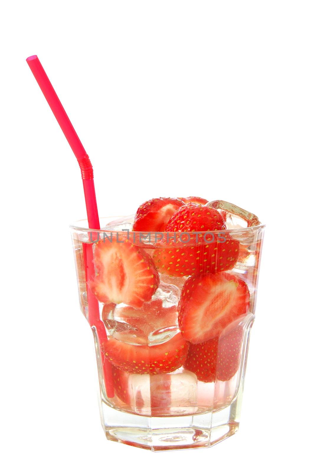 healthy drink with sliced strawberry fruit isolated on white