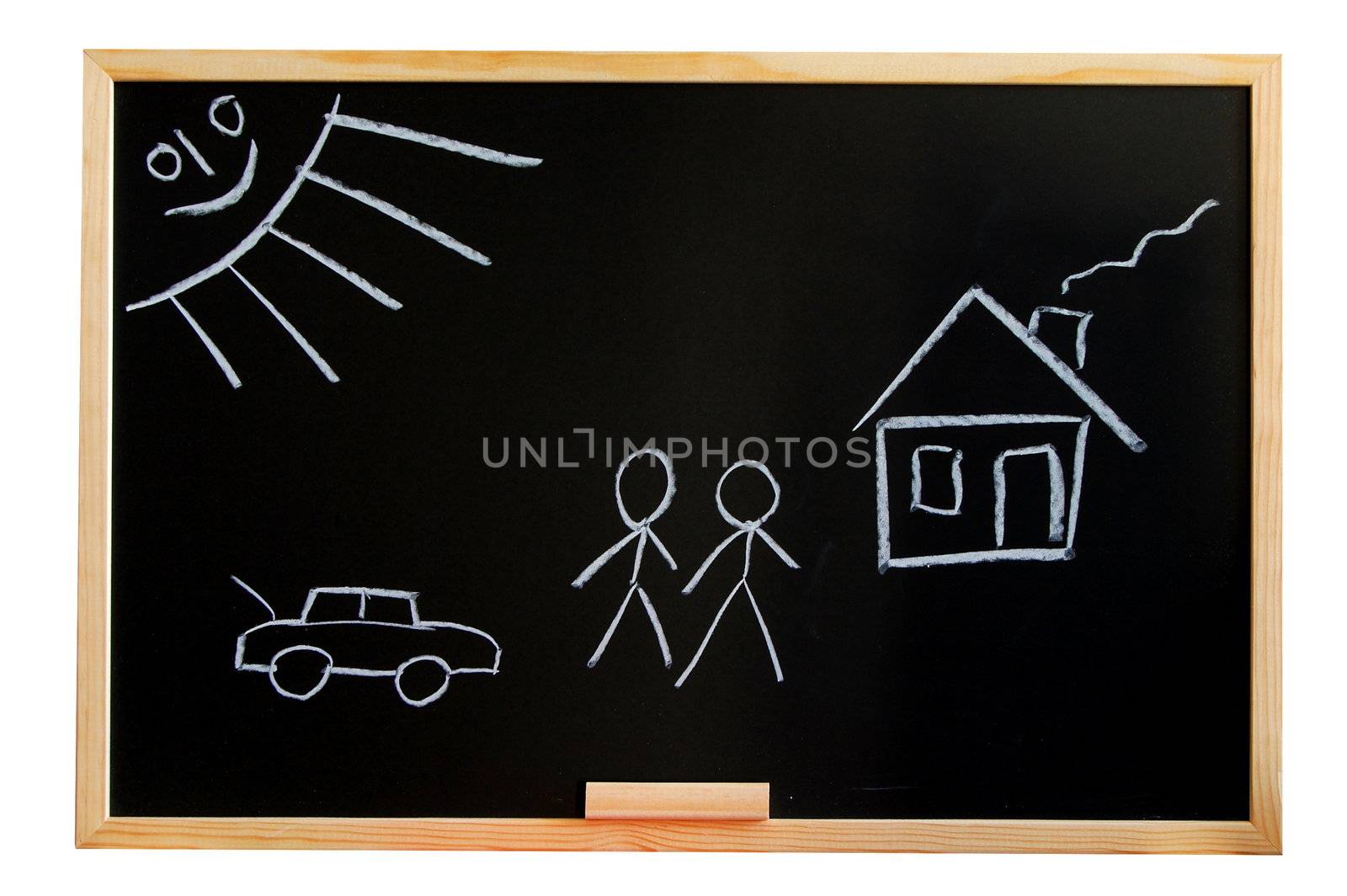 blackboard with a drowing of a house and a familie