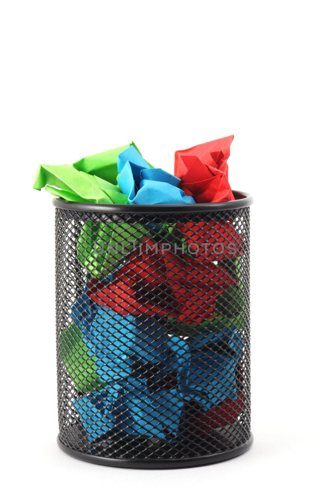 trash or rubbish paper in basket isolated on white background