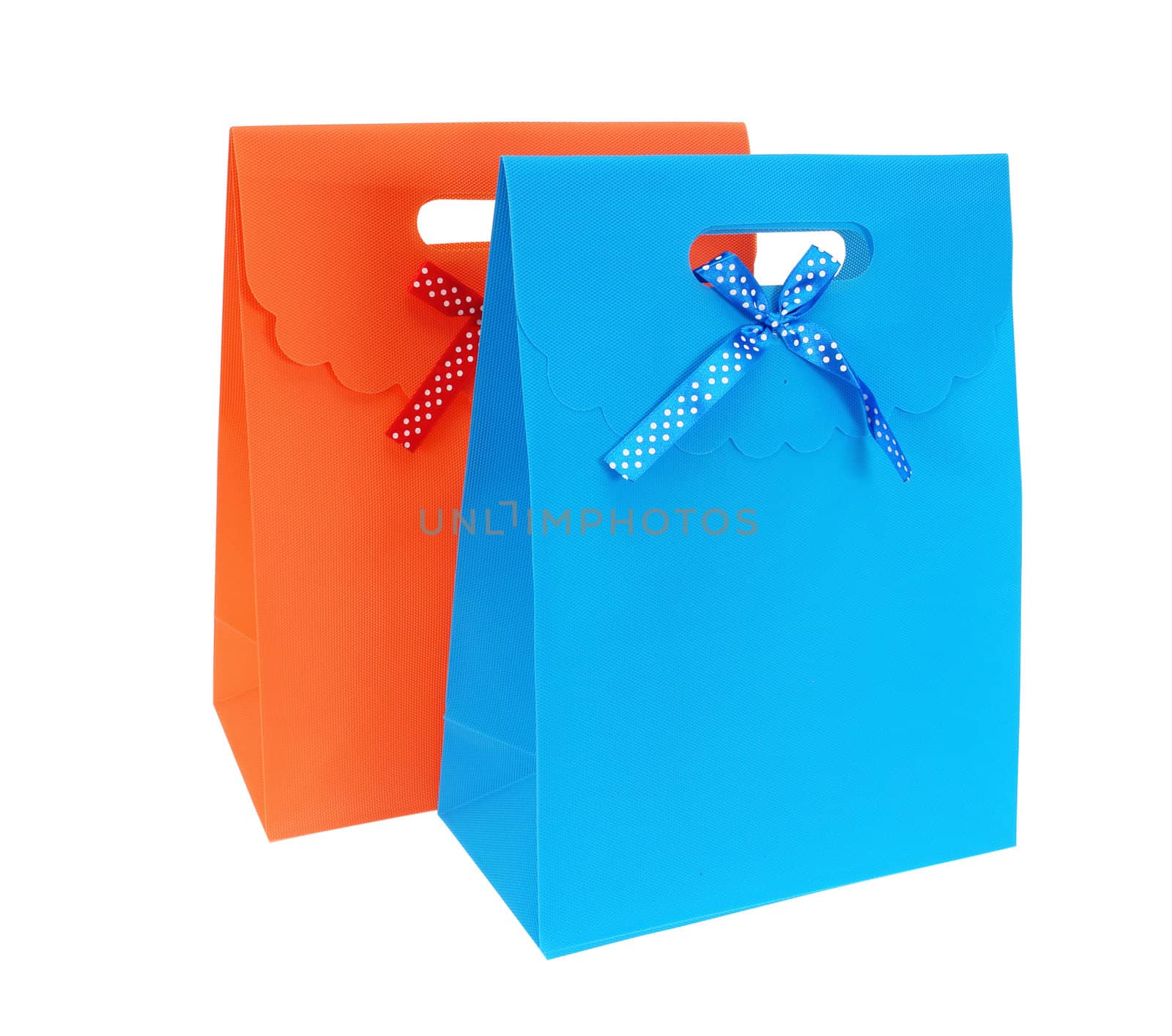 the orange and blue packages isolated on white background                                       