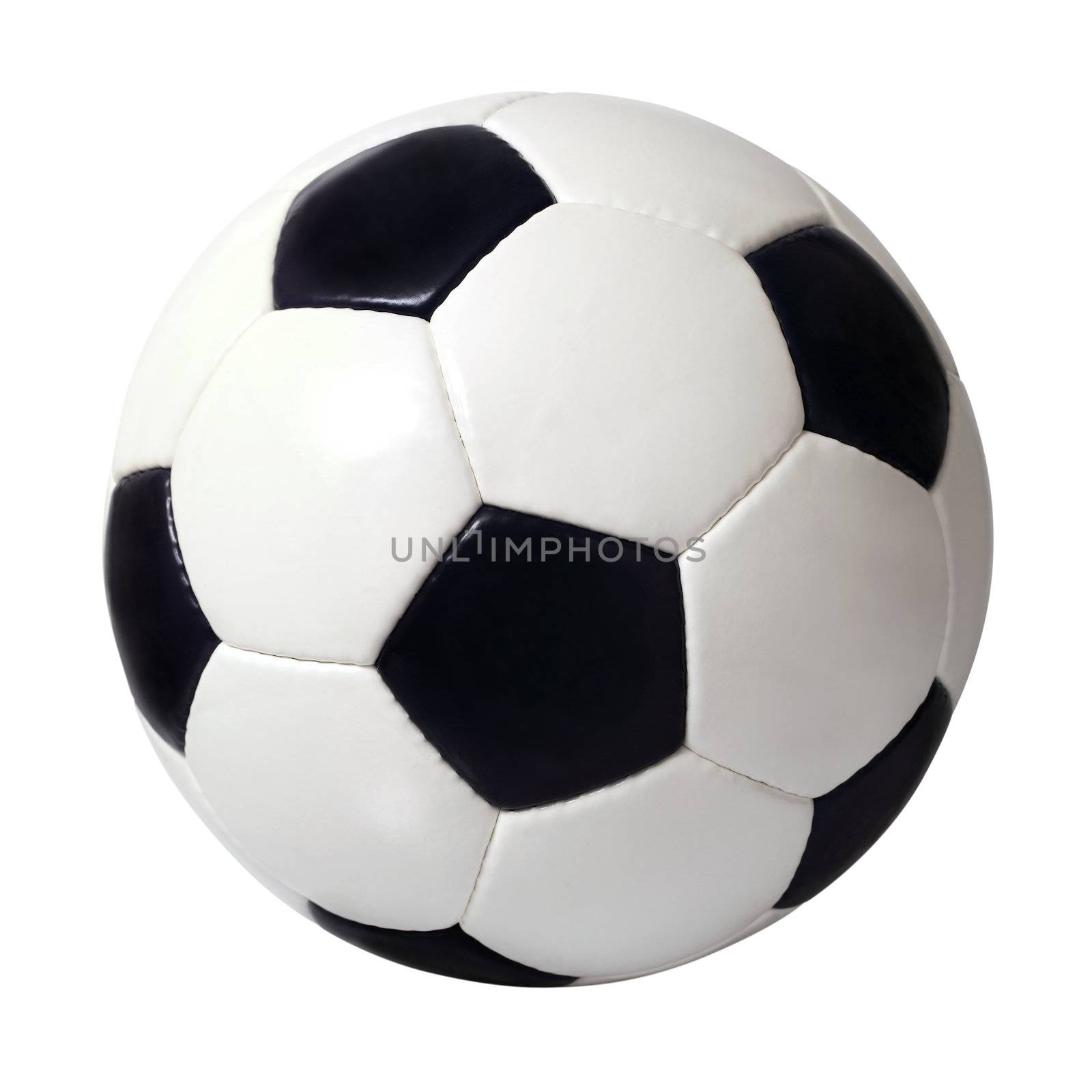 An isolated image of a leather soccer ball.
