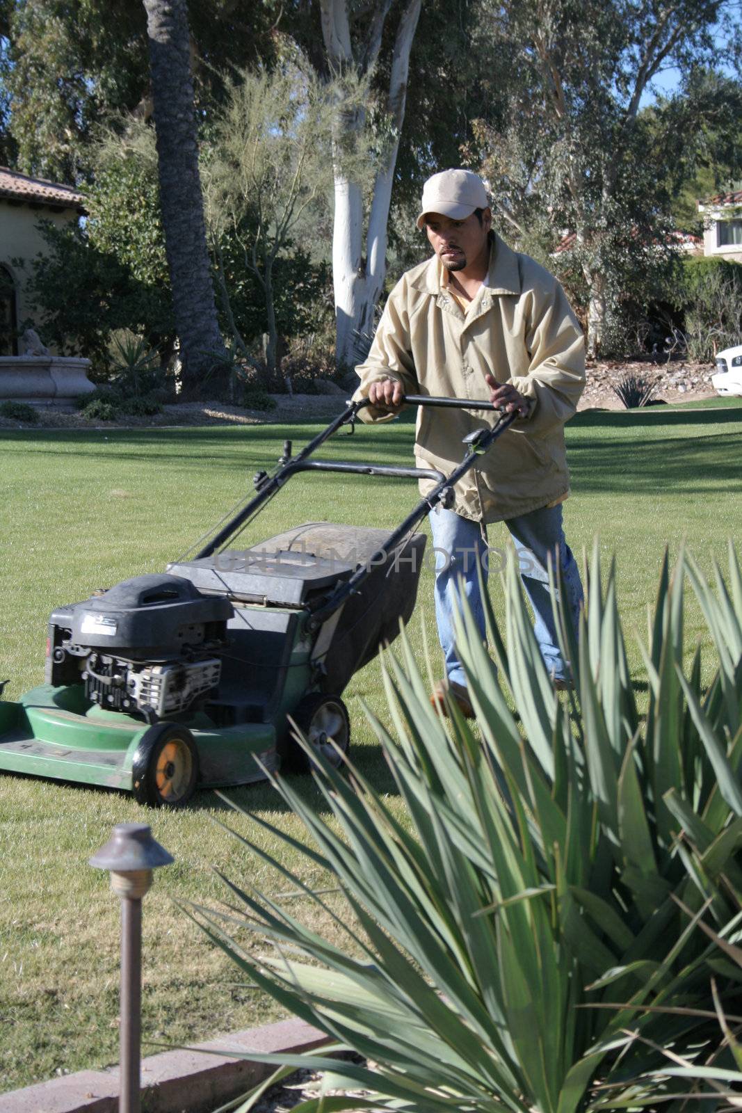 Man mowing yard of an upscale home