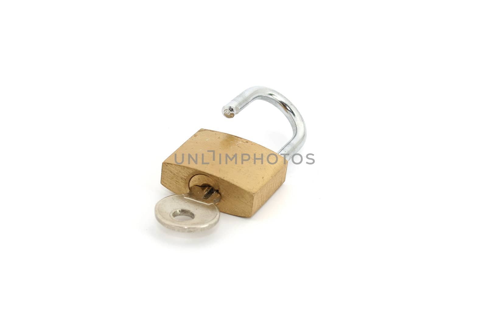 an open padlock with key on a white background