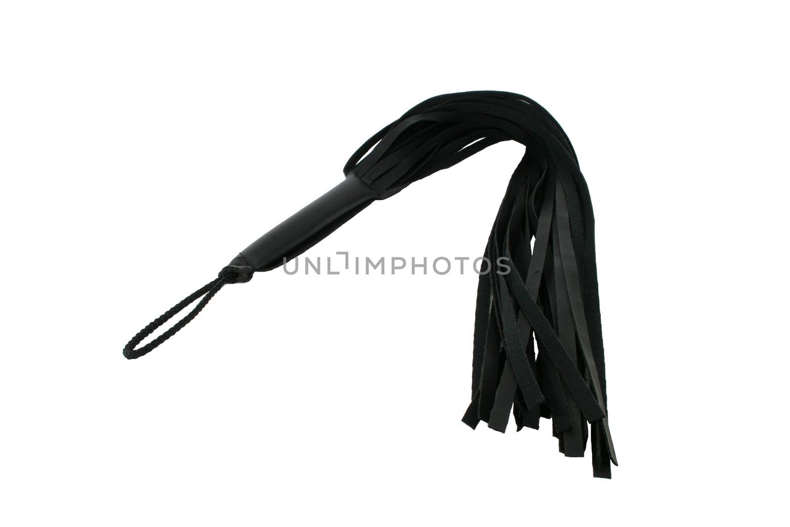 black leather whip on white background