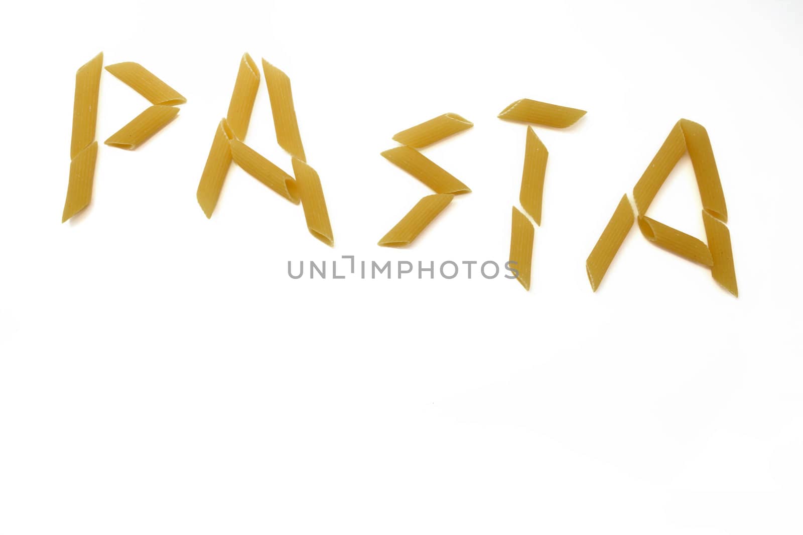 The word pasta consisting of real pasta with white background