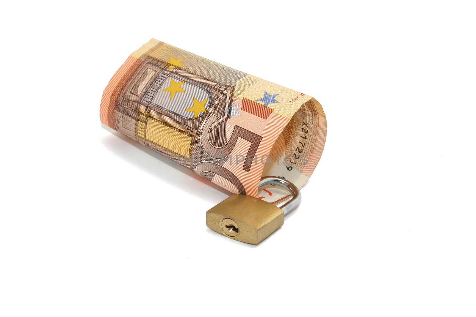 money secured with a padlock isolated on white background