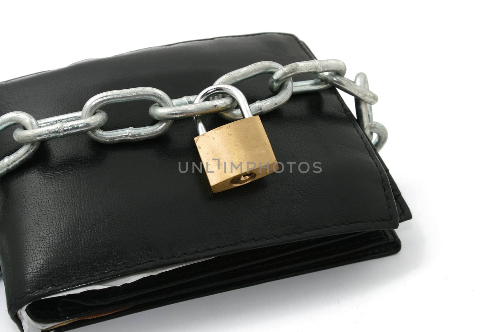 a black wallet locked by a chain and a padlock