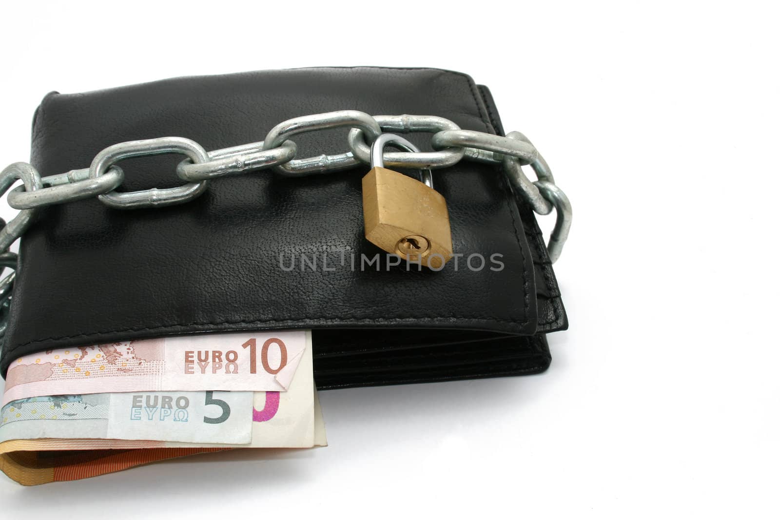 a black wallet locked by a chain and a padlock