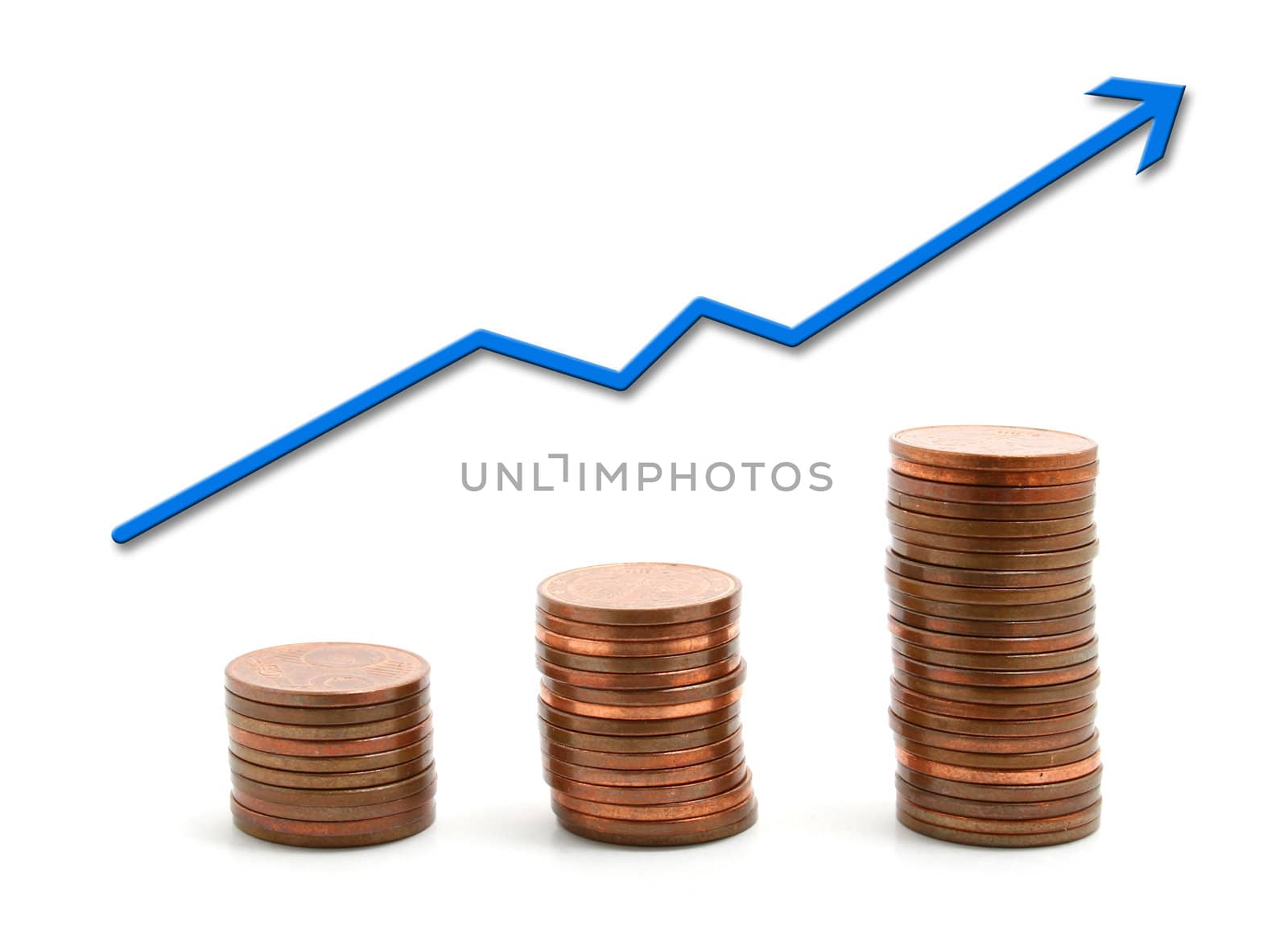 a positive graph with some coins on white background