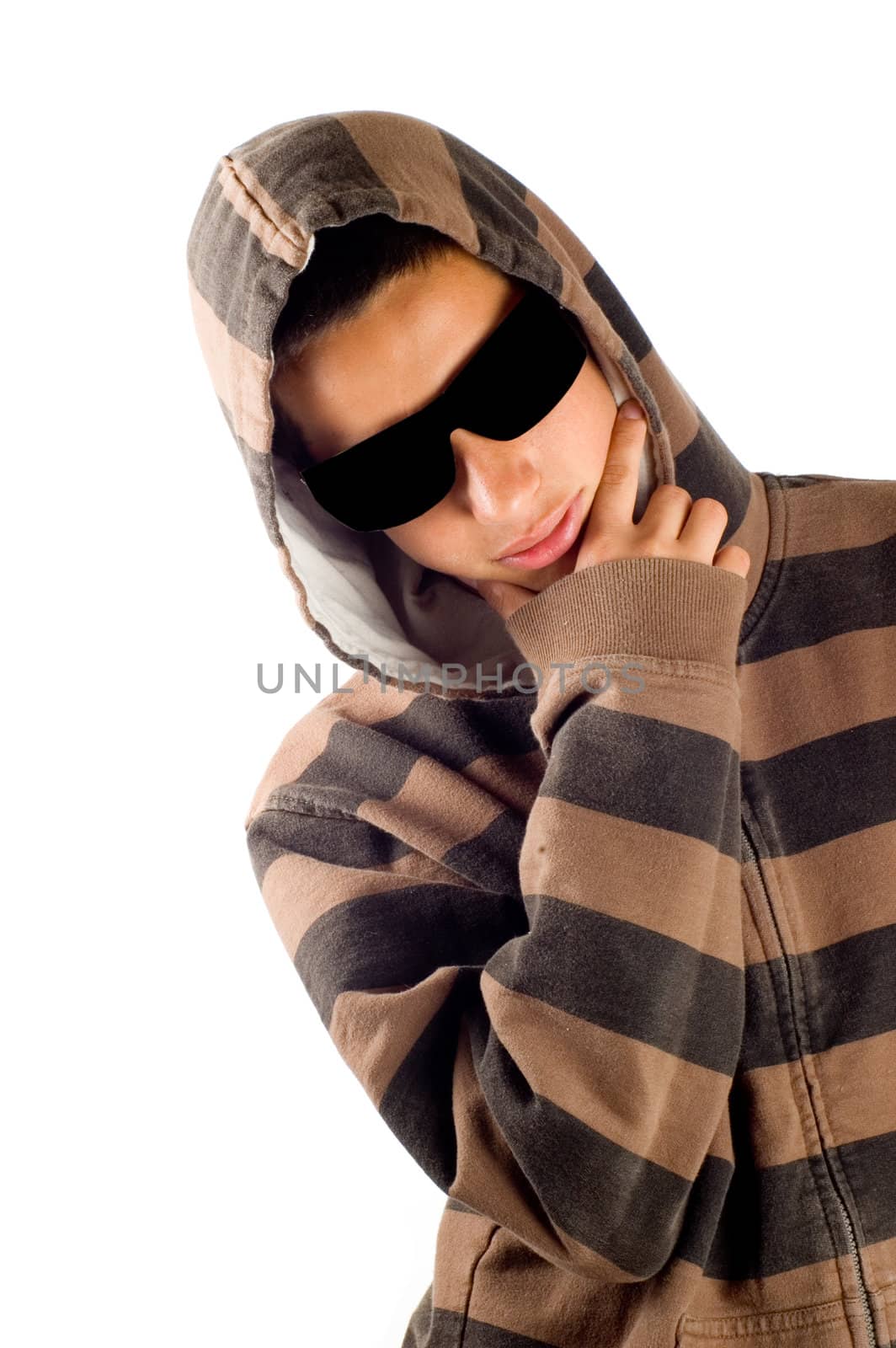teenage boy is wearing sunglasses and thinking on white