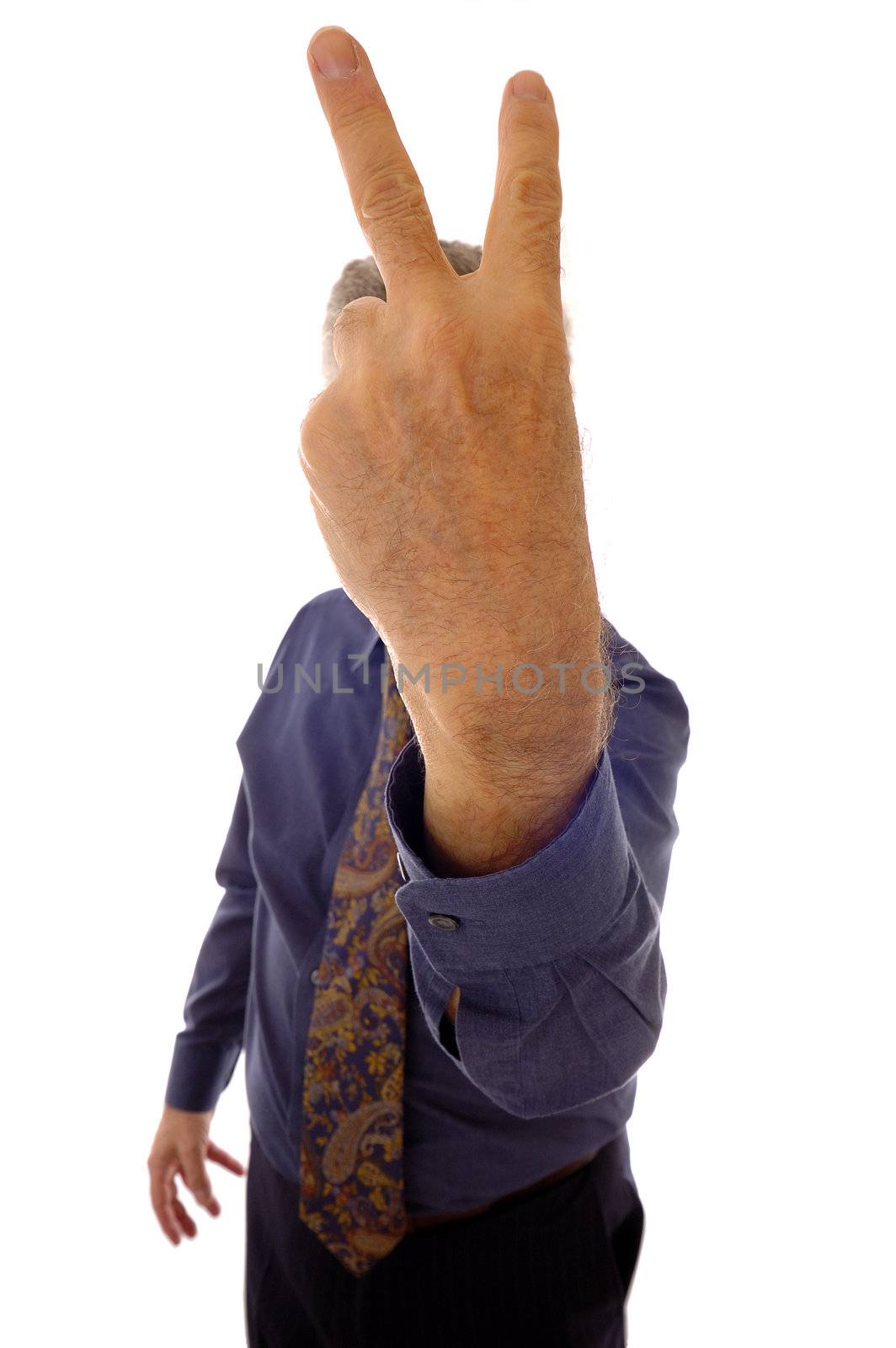 A senior businessman, in shirtsleeves, making a rude 'V' sign in your face.