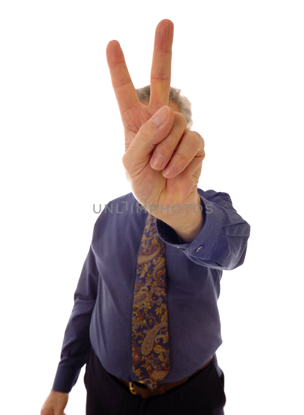 A senior businessman, in shirtsleeves, giving a victory 'V' sign (or indicating the number 2).