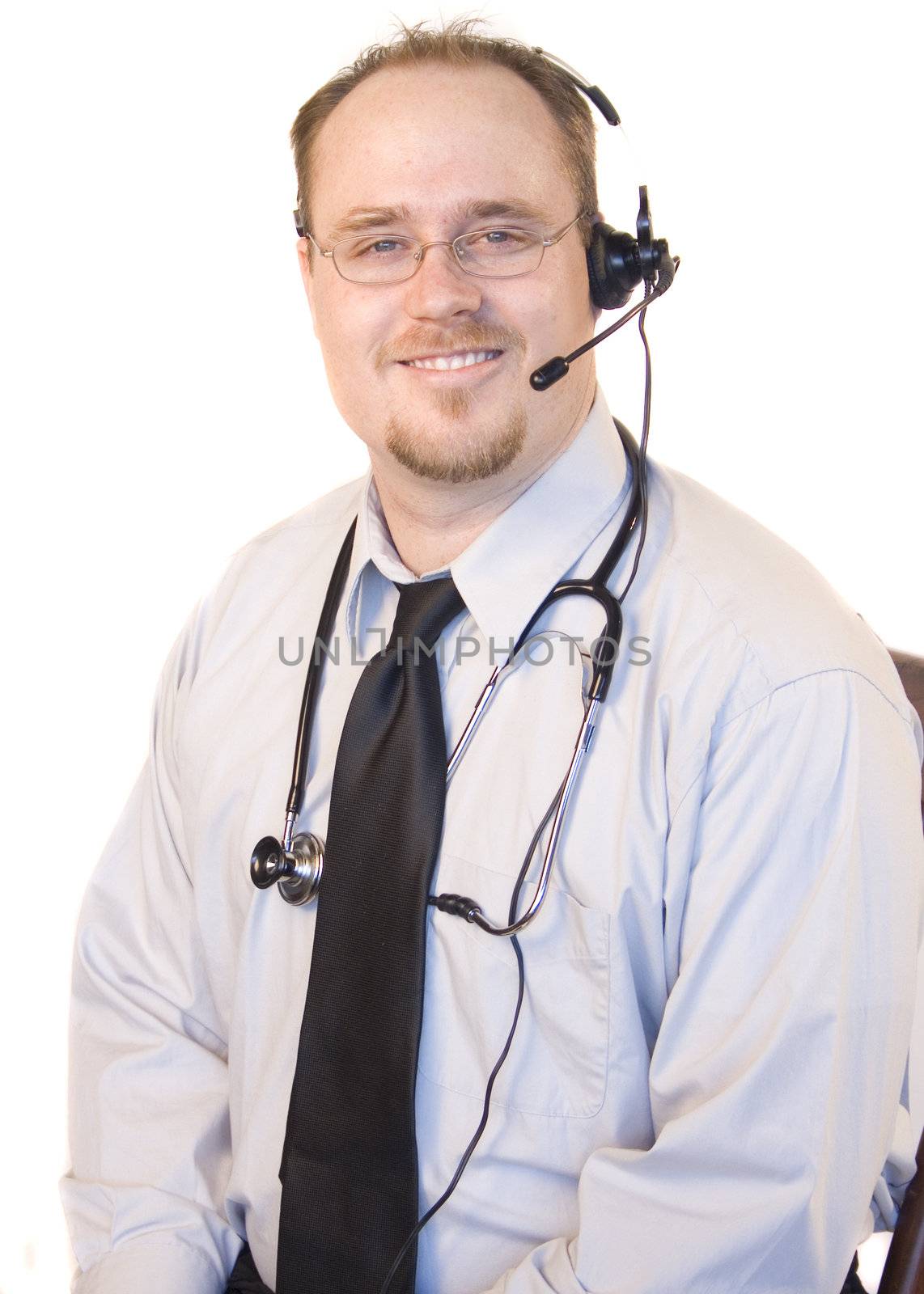 Doctor with headset chatting on phone