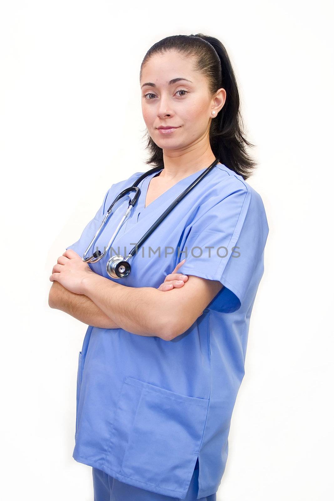 Pretty Hispanic nurse isolated on white