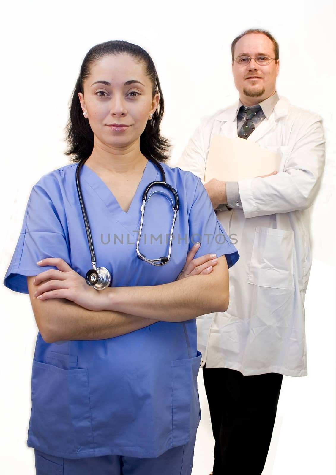 Doctor and nurse posing isolated on white