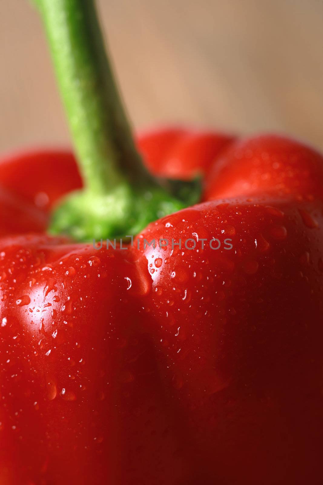 Macro image of a washed red pepper.
