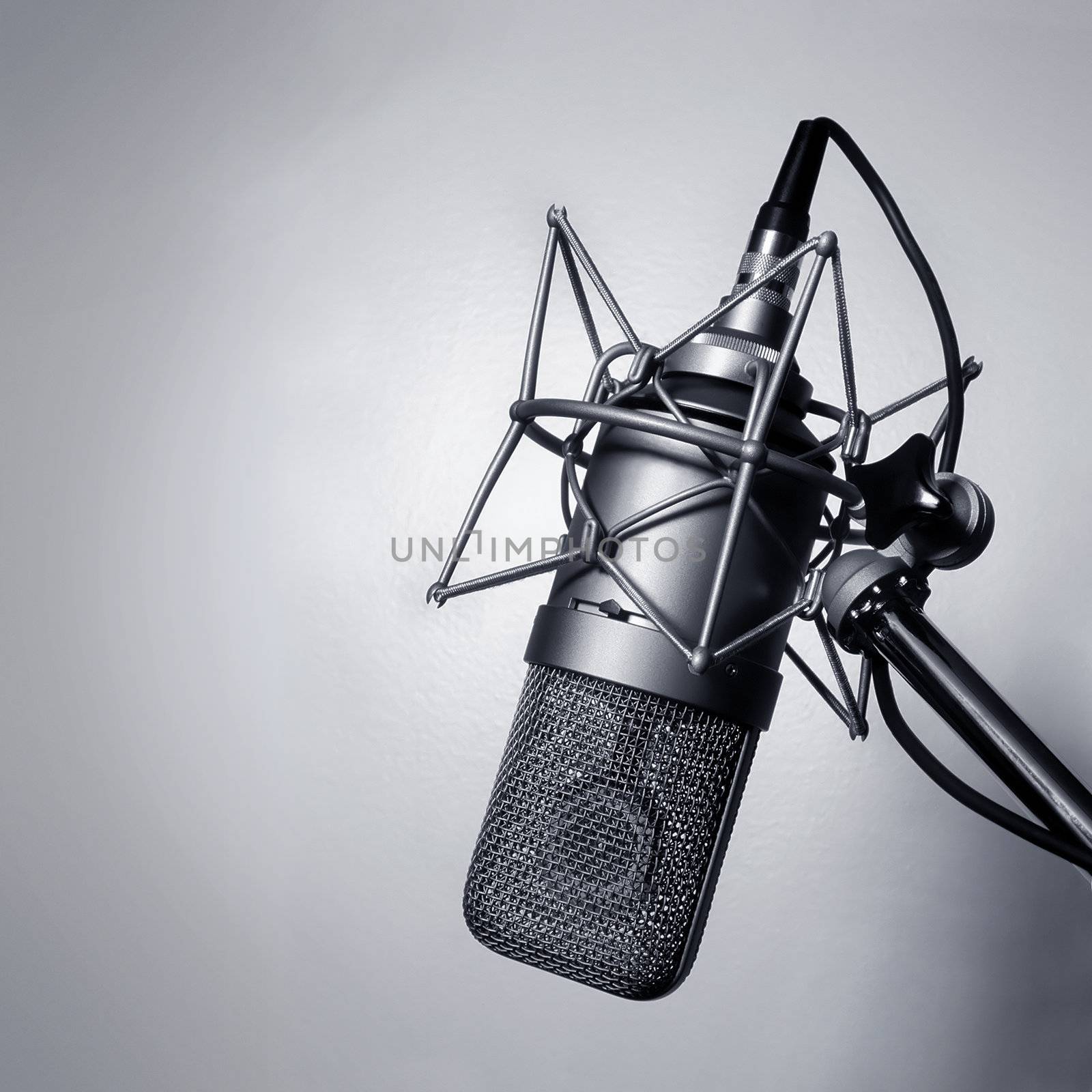 Black and white image of a studio microphone.
