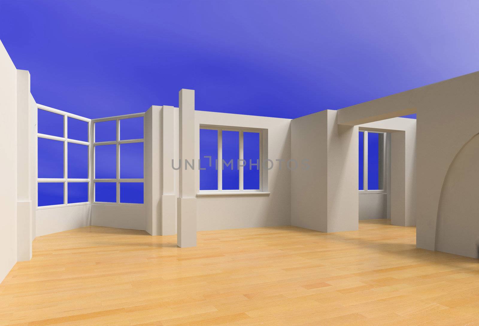 open blank interior over blue sky (3D rendering)