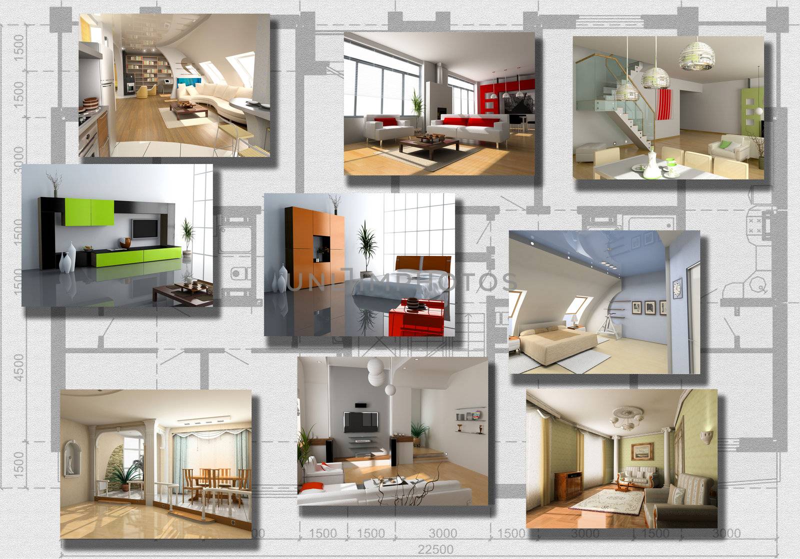 modern interior image set over architecture plan(3D rendering)