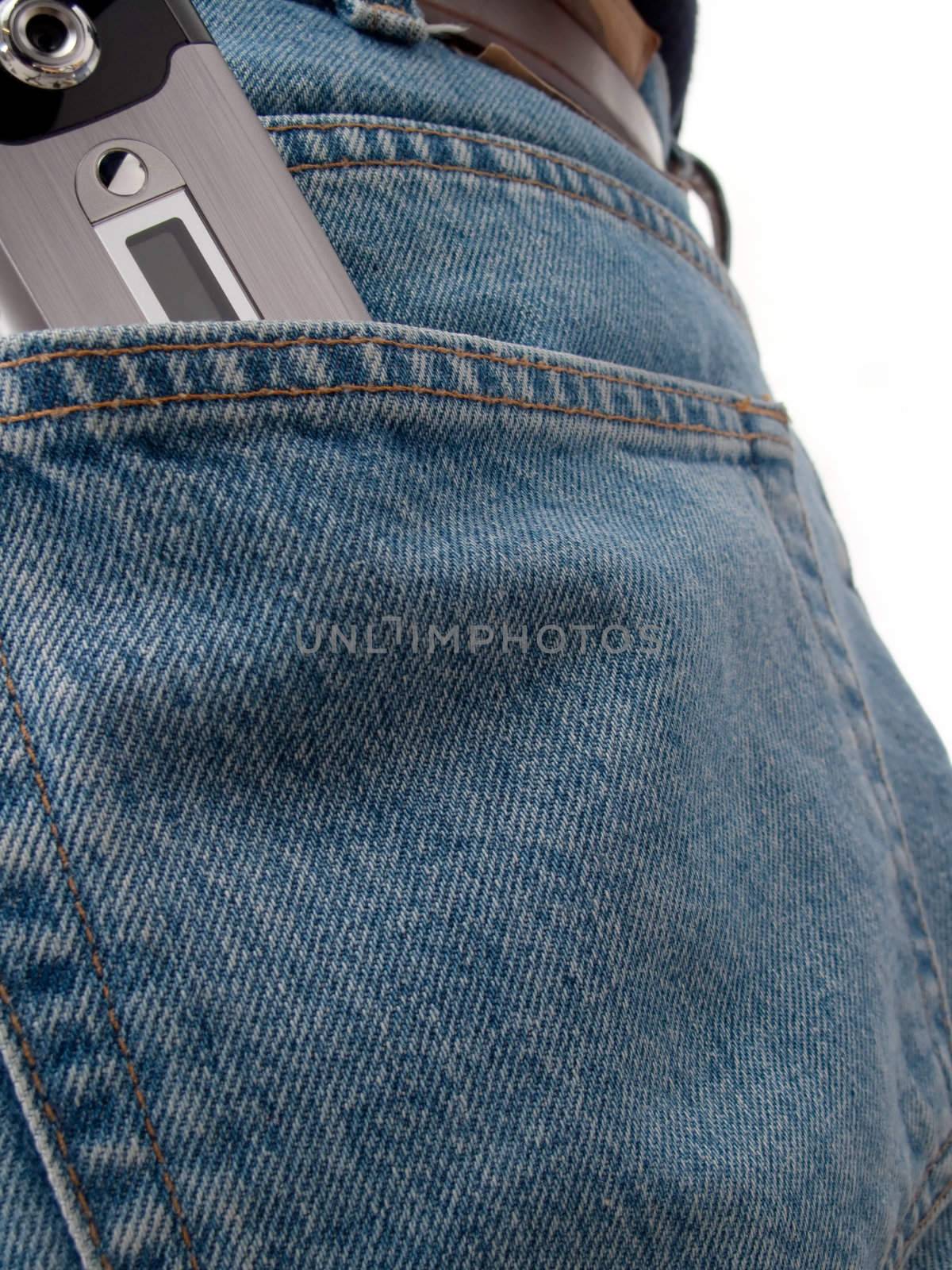 Closeup of cel phone in back pocket by woodygraphs