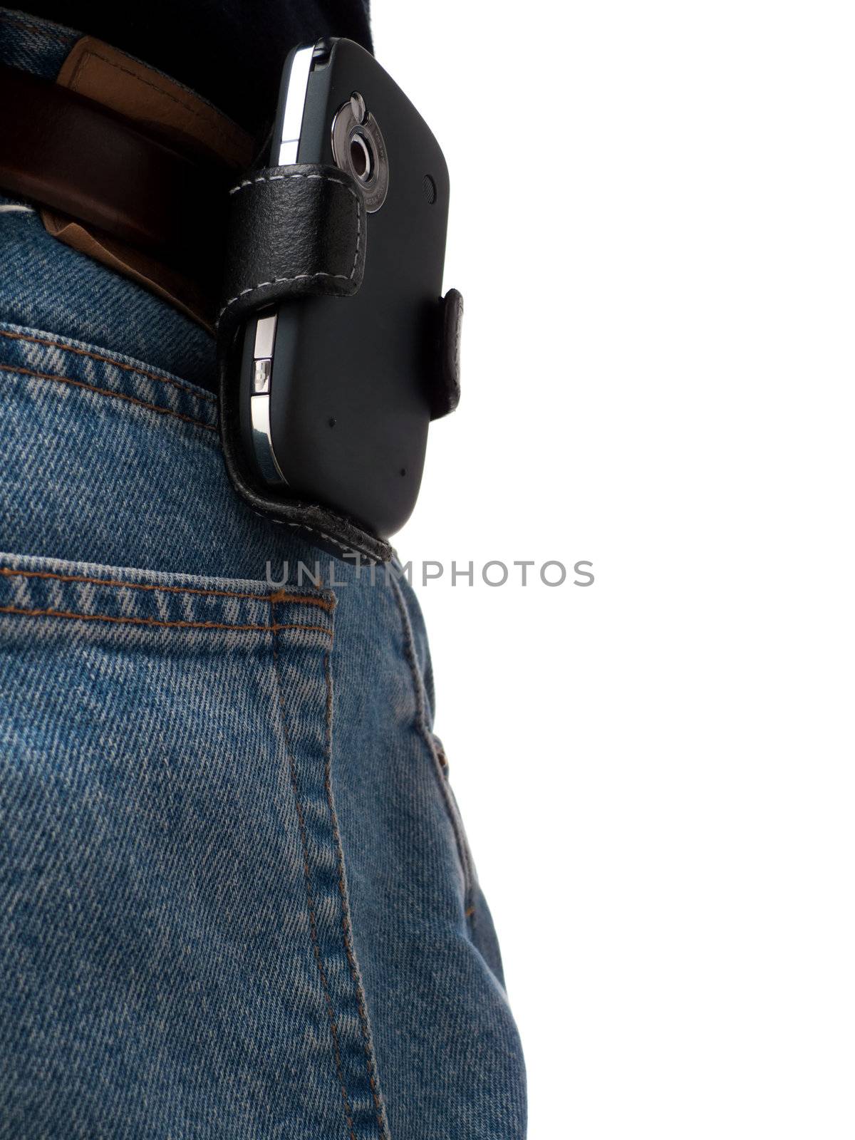 A PDA (Windows Mobile device) in a holster, attached to a belt of an IT worker, wearing jeans, shot from behind, with back pocket visible, isolated on white.