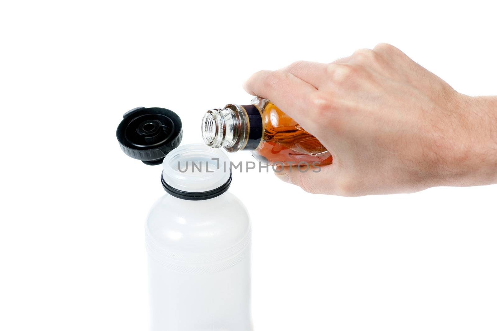 Closeup of  a hand pouring alcohol into a water bottle, isolated on white.
