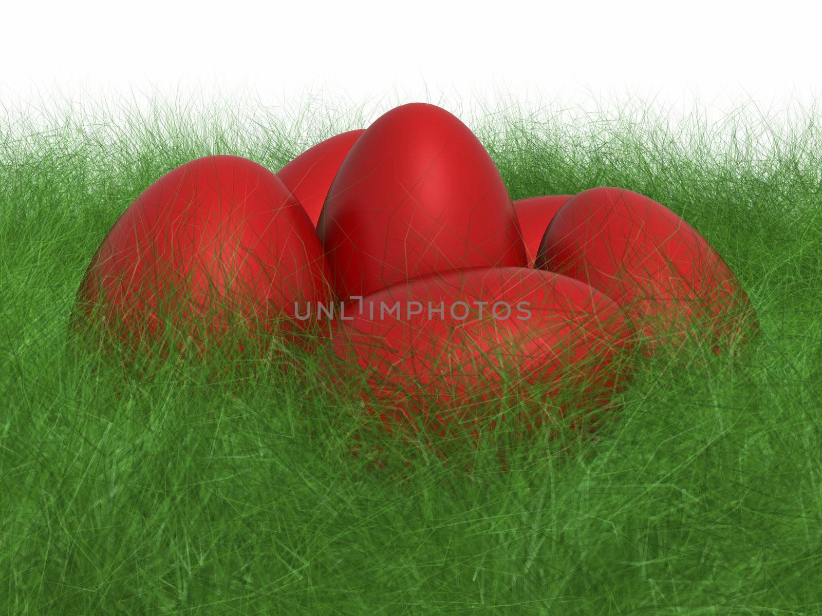 Red Easter eggs on grass