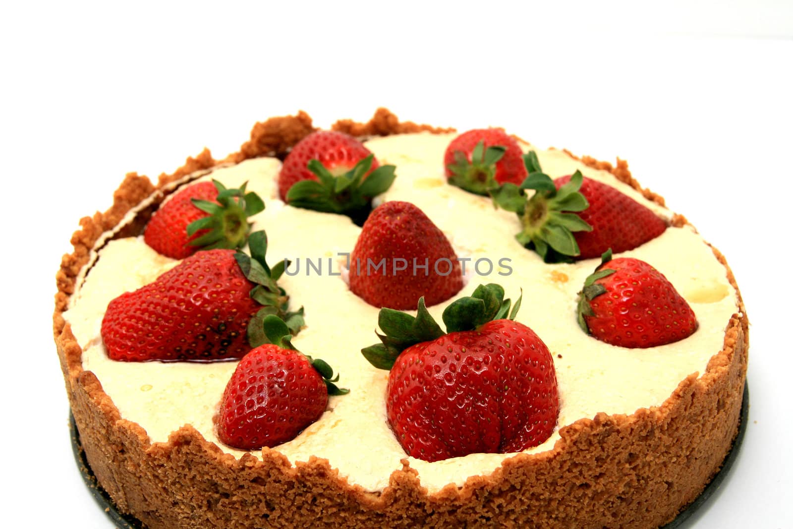 strawberry and chocolate cake over white background