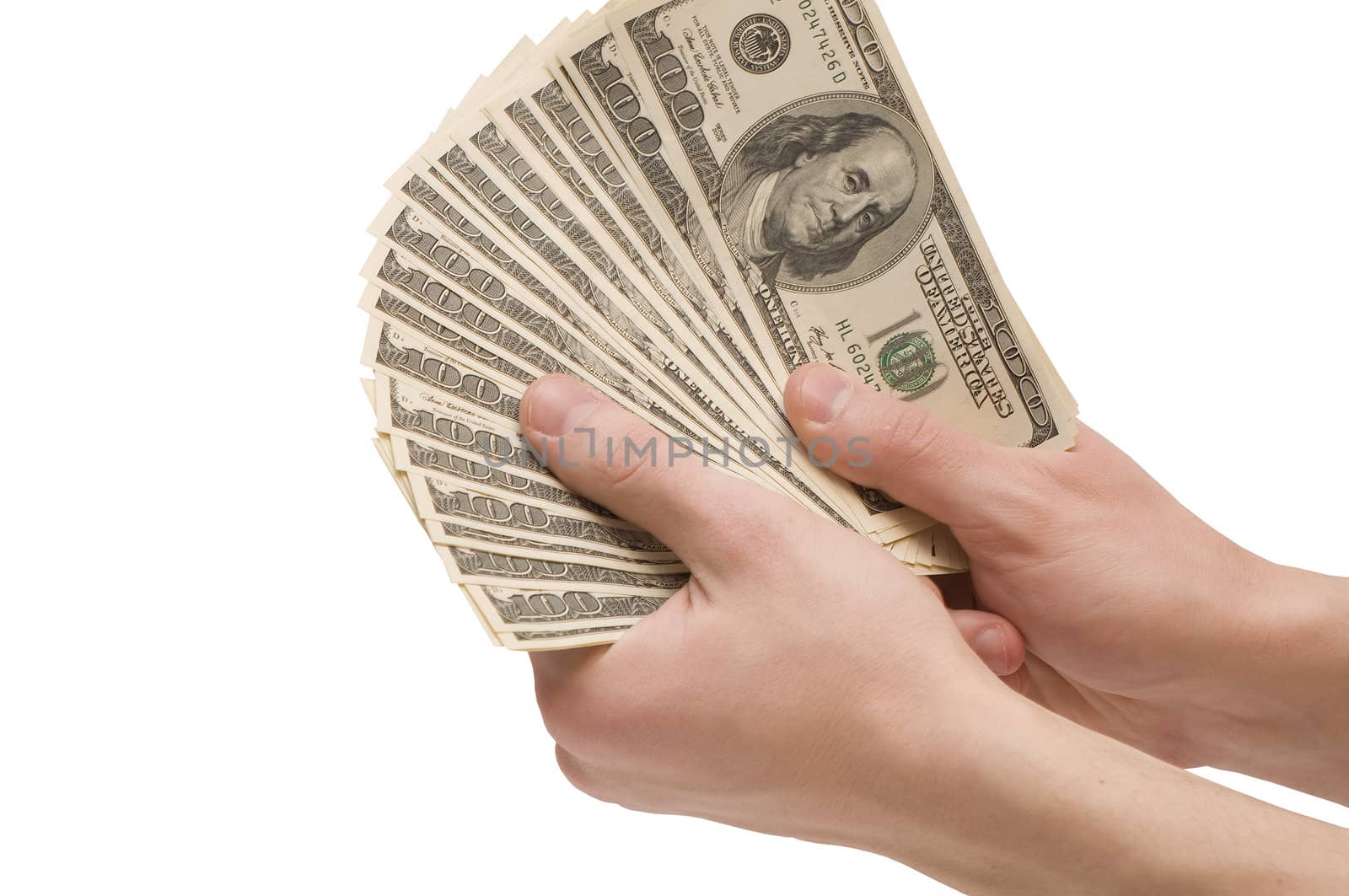 Male hands holding money (dollar banknotes) isolated on white background