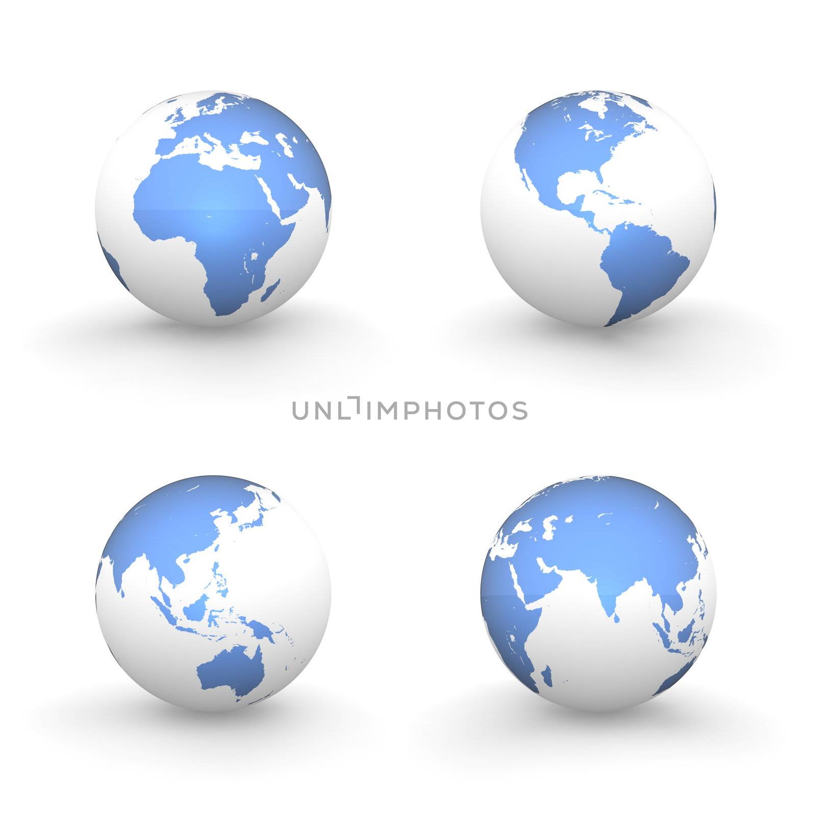 four views of a 3D globe with shiny blue continents and a white ocean