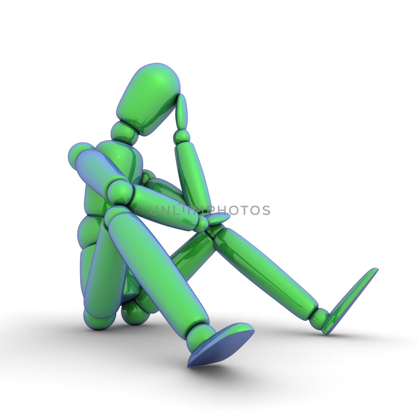 shiny green-blue lay figure sitting on a white ground thinking