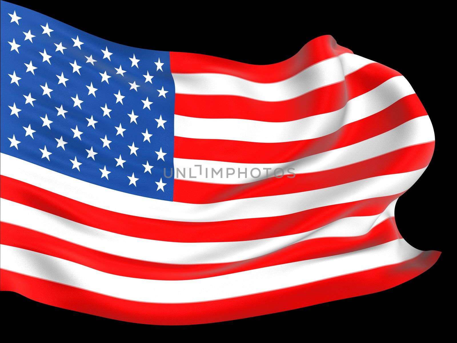 American flag waving on the wind with folds and ripples 3D