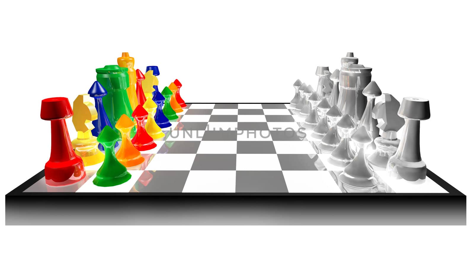 Colored chess concept against black and white isolated on white background