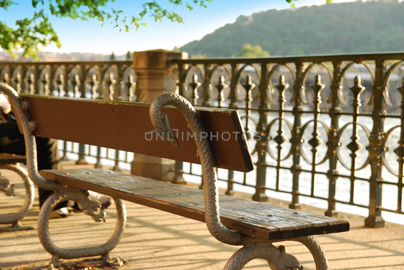 Bench near river in Prague by zoommer